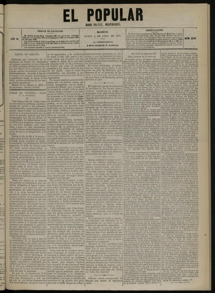 Miniatura de El Popular: diario independiente, político, literario y de noticias de interés general del 2 de abril de 1877, nº 2348