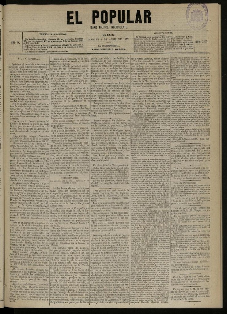 Miniatura de El Popular: diario independiente, político, literario y de noticias de interés general del 3 de abril de 1877, nº 2349
