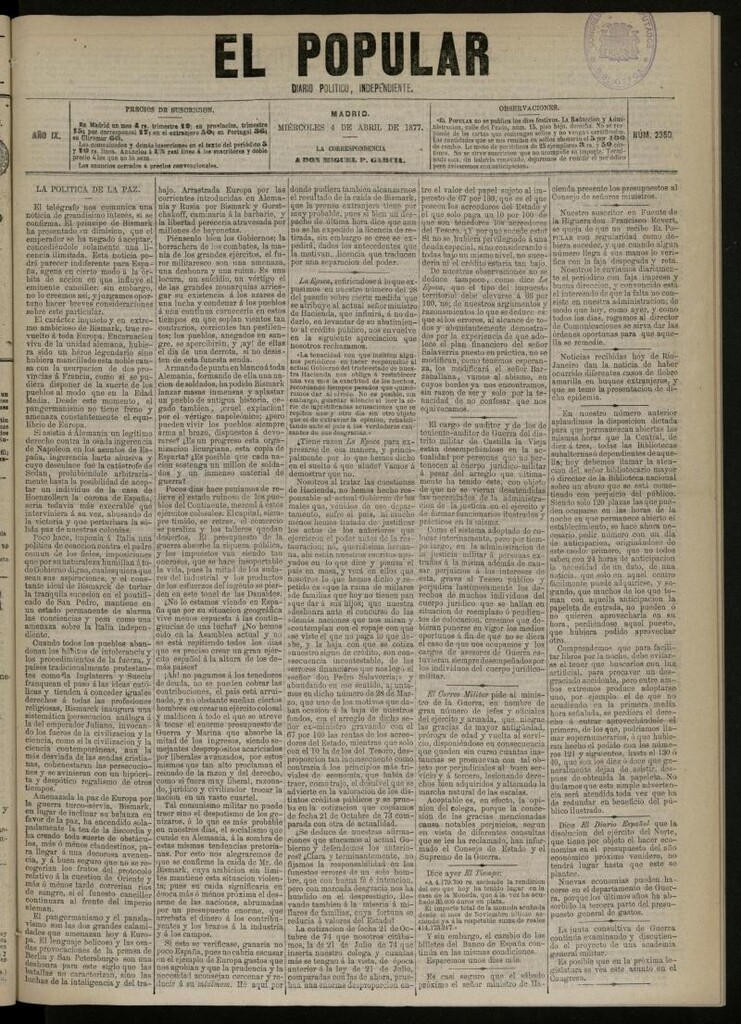Miniatura de El Popular: diario independiente, político, literario y de noticias de interés general del 4 de abril de 1877, nº 2350