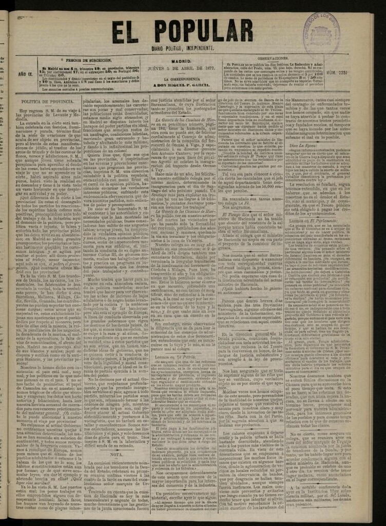 Miniatura de El Popular: diario independiente, político, literario y de noticias de interés general del 5 de abril de 1877, nº 2351
