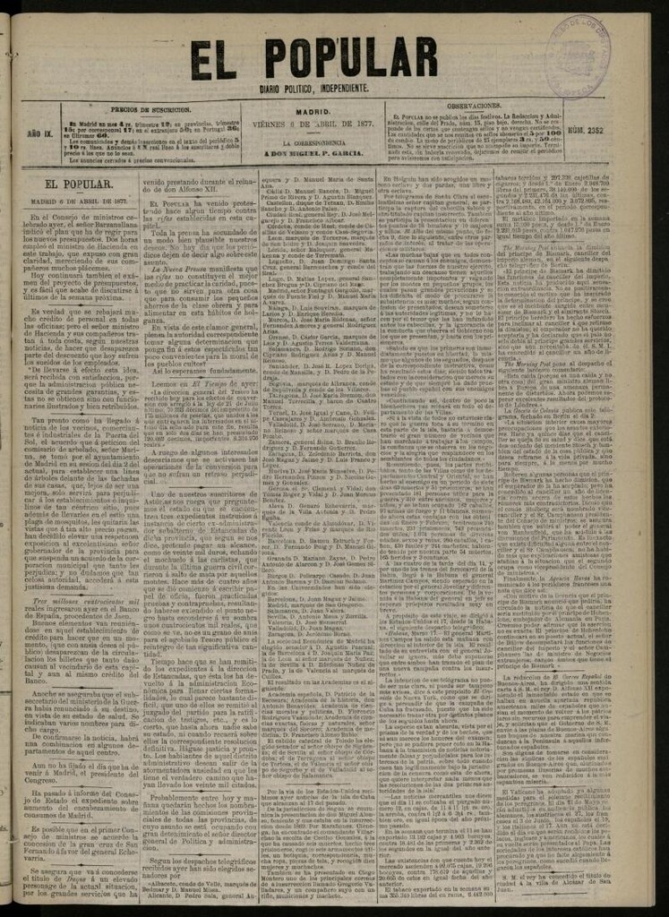 Miniatura de El Popular: diario independiente, político, literario y de noticias de interés general del 6 de abril de 1877, nº 2352