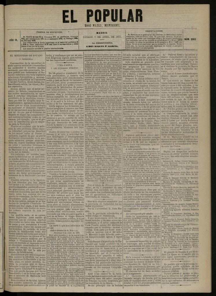 Miniatura de El Popular: diario independiente, político, literario y de noticias de interés general del 7 de abril de 1877, nº 2353