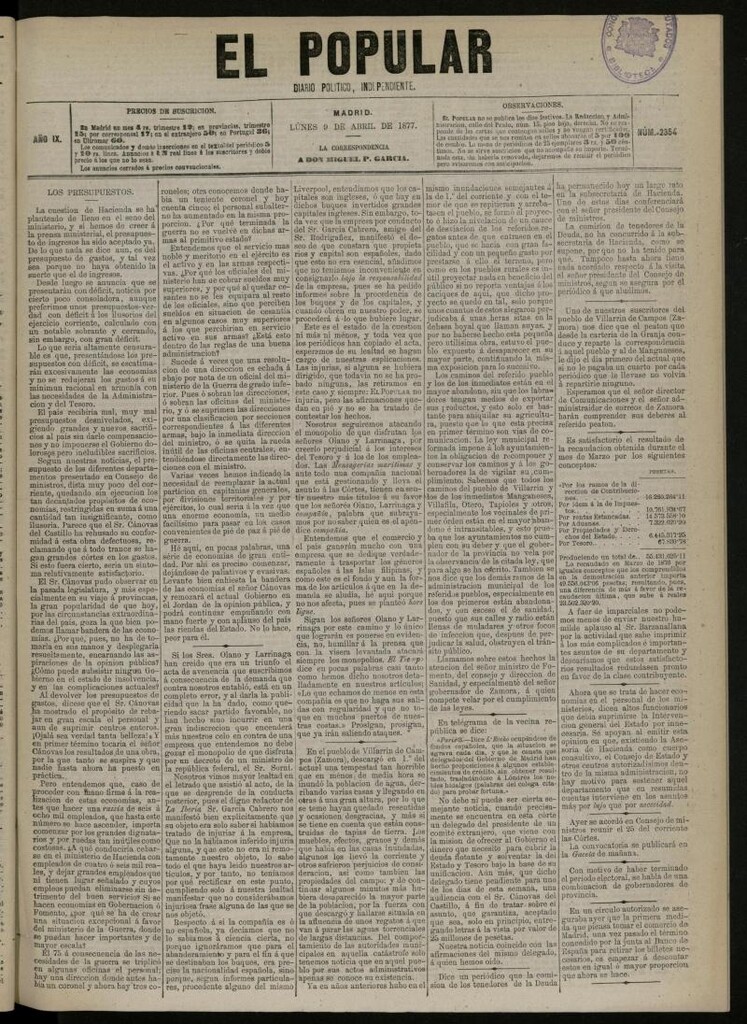 Miniatura de El Popular: diario independiente, político, literario y de noticias de interés general del 9 de abril de 1877, nº 2354