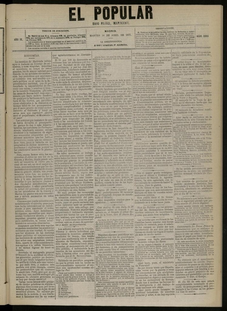 Miniatura de El Popular: diario independiente, político, literario y de noticias de interés general del 10 de abril de 1877, nº 2355