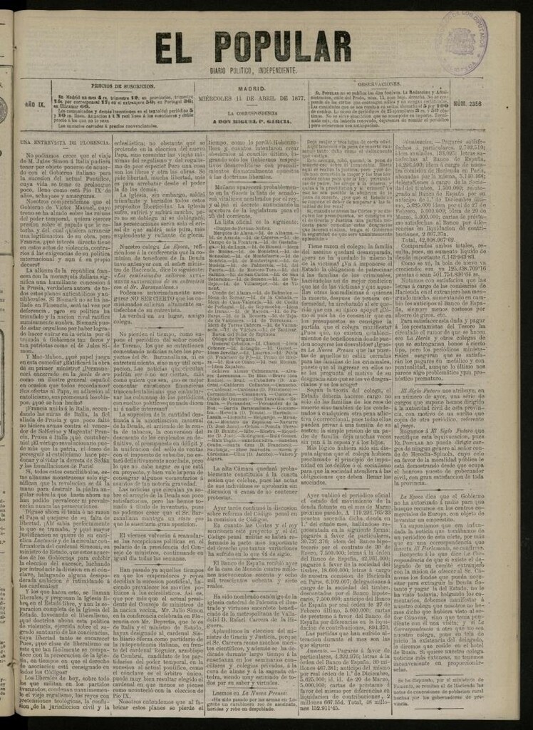 Miniatura de El Popular: diario independiente, político, literario y de noticias de interés general del 11 de abril de 1877, nº 2356