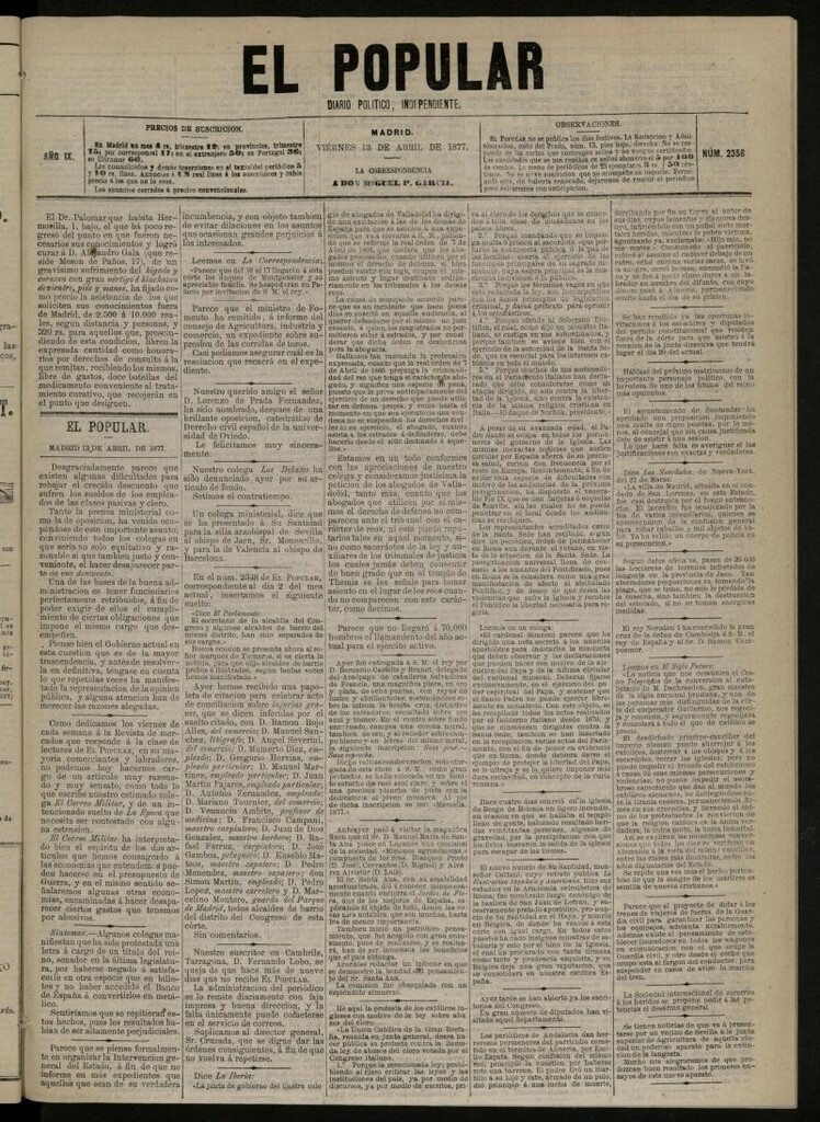 Miniatura de El Popular: diario independiente, político, literario y de noticias de interés general del 13 de abril de 1877, nº 2358
