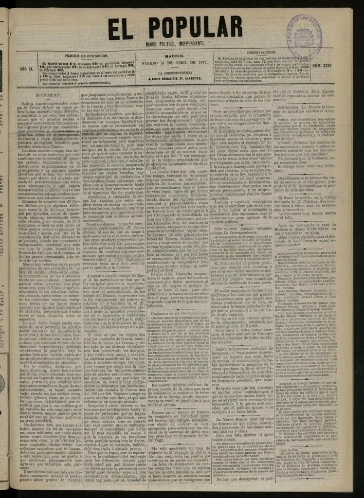 Miniatura de El Popular: diario independiente, político, literario y de noticias de interés general del 14 de abril de 1877, nº 2359