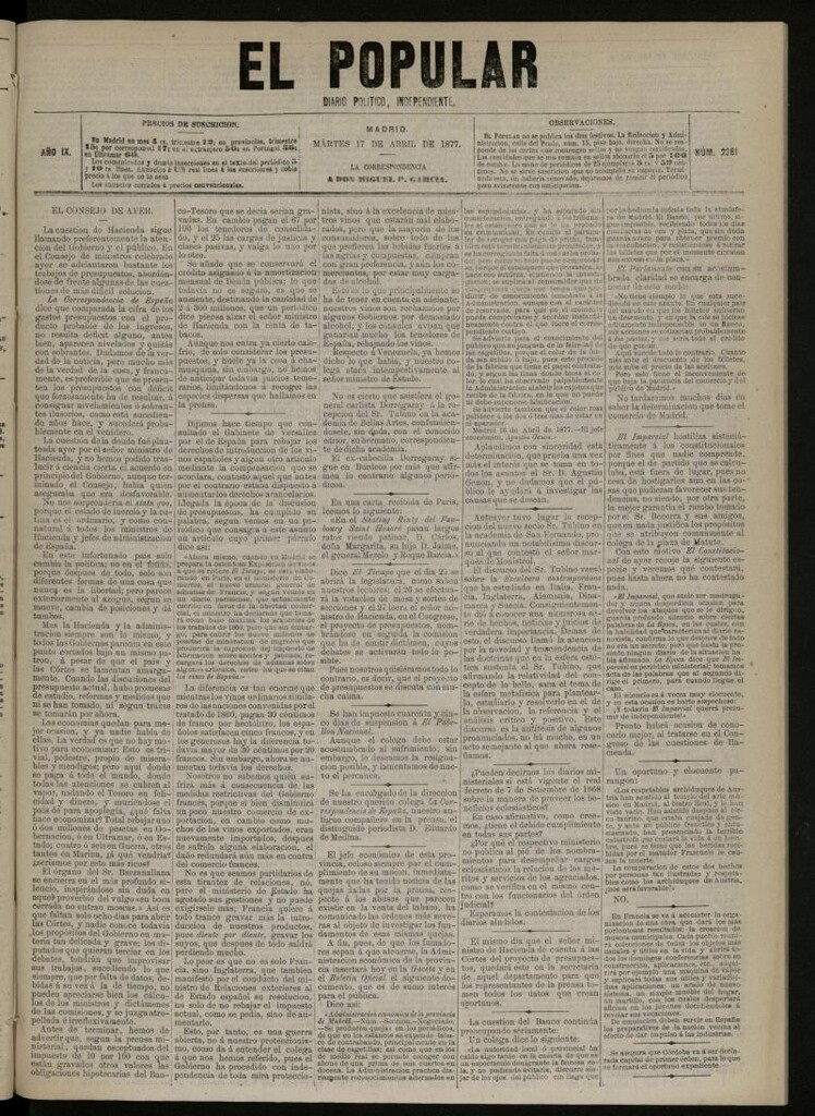 Miniatura de El Popular: diario independiente, político, literario y de noticias de interés general del 17 de abril de 1877, nº 2361