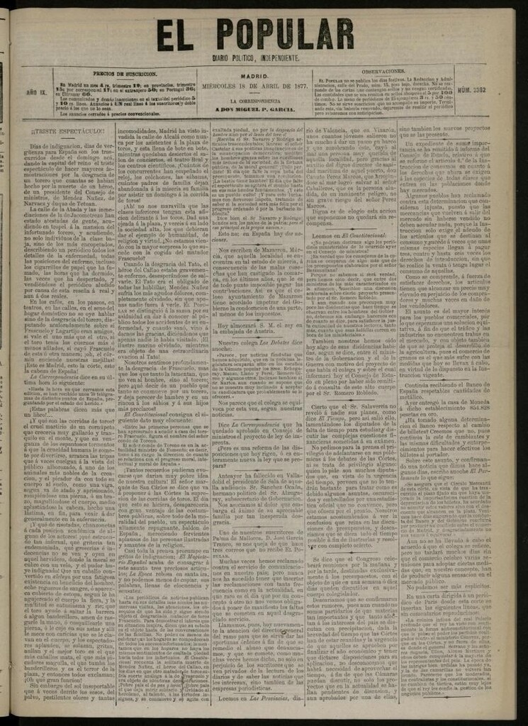 Miniatura de El Popular: diario independiente, político, literario y de noticias de interés general del 18 de abril de 1877, nº 2362
