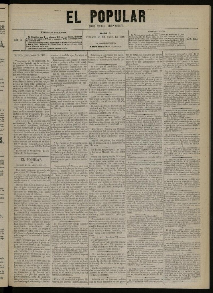Miniatura de El Popular: diario independiente, político, literario y de noticias de interés general del 20 de abril de 1877, nº 2364