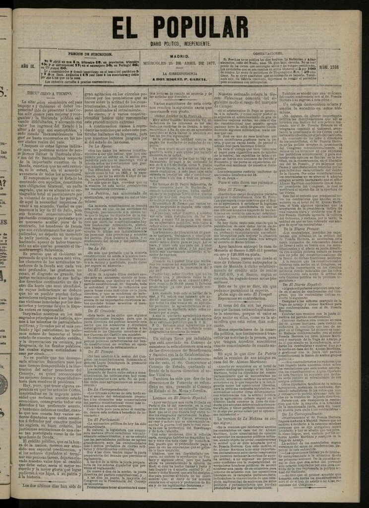 Miniatura de El Popular: diario independiente, político, literario y de noticias de interés general del 25 de abril de 1877, nº 2368