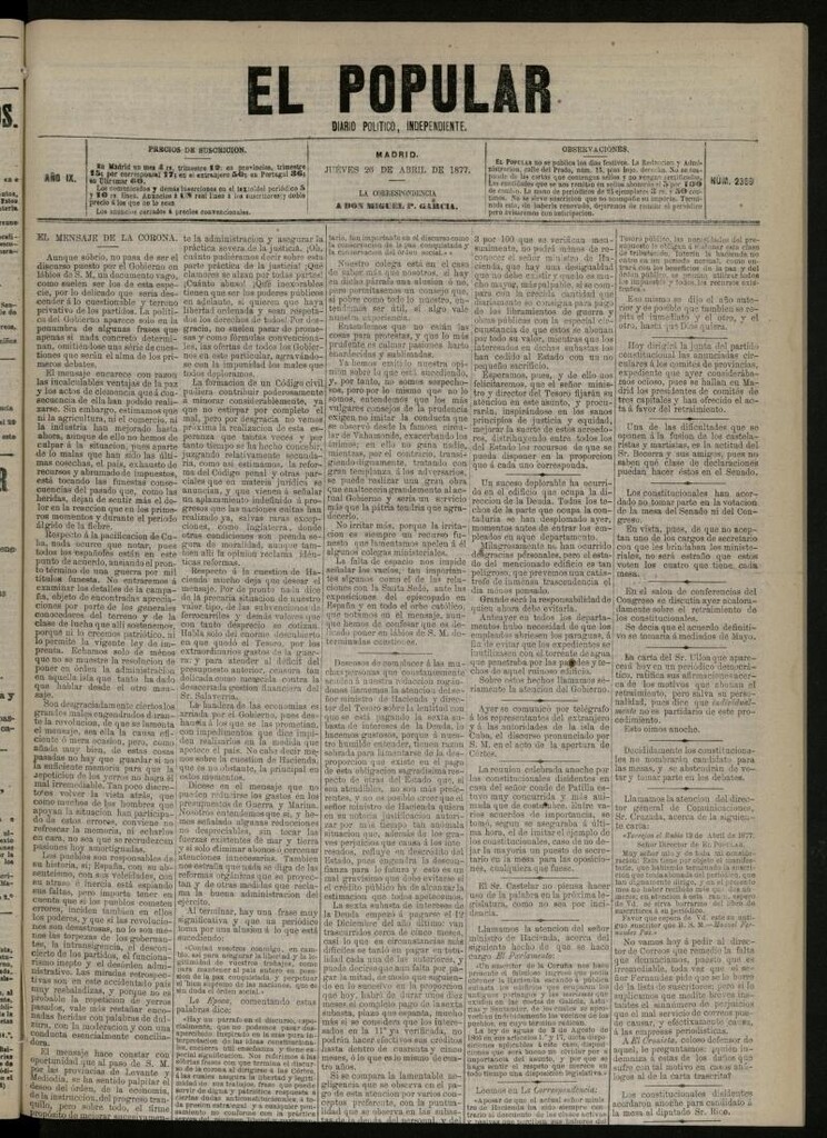 Miniatura de El Popular: diario independiente, político, literario y de noticias de interés general del 26 de abril de 1877, nº 2369