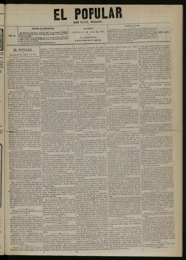Miniatura de El Popular: diario independiente, político, literario y de noticias de interés general del 27 de abril de 1877, nº 2370