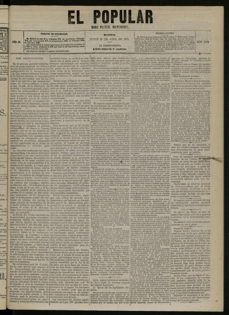 Miniatura de El Popular: diario independiente, político, literario y de noticias de interés general del 30 de abril de 1877, nº 2372