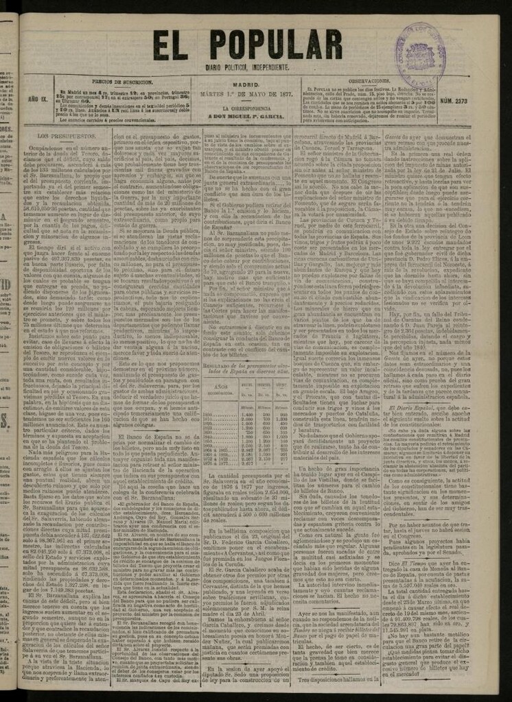 Miniatura de El Popular: diario independiente, político, literario y de noticias de interés general del 1 de mayo de 1877, nº 2373