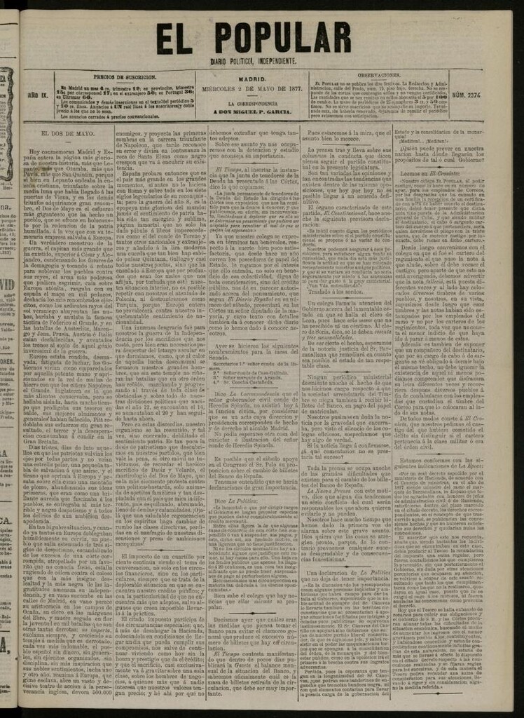 Miniatura de El Popular: diario independiente, político, literario y de noticias de interés general del 2 de mayo de 1877, nº 2374