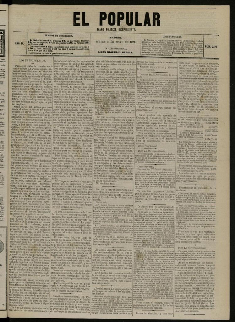 Miniatura de El Popular: diario independiente, político, literario y de noticias de interés general del 3 de mayo de 1877, nº 2375