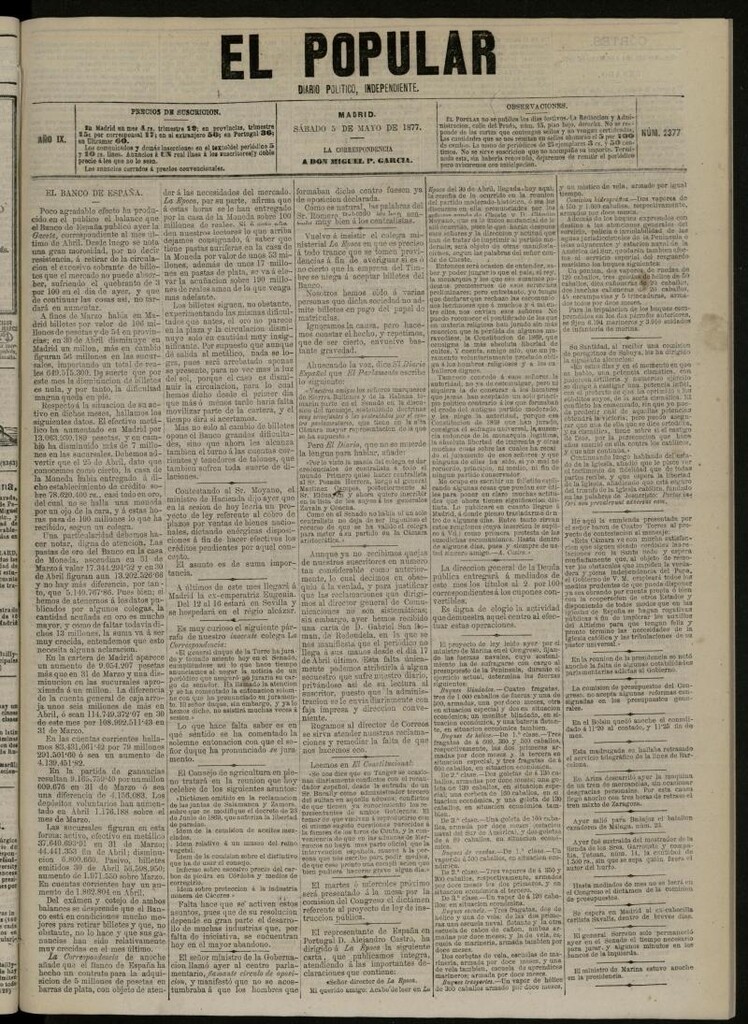 Miniatura de El Popular: diario independiente, político, literario y de noticias de interés general del 5 de mayo de 1877, nº 2377