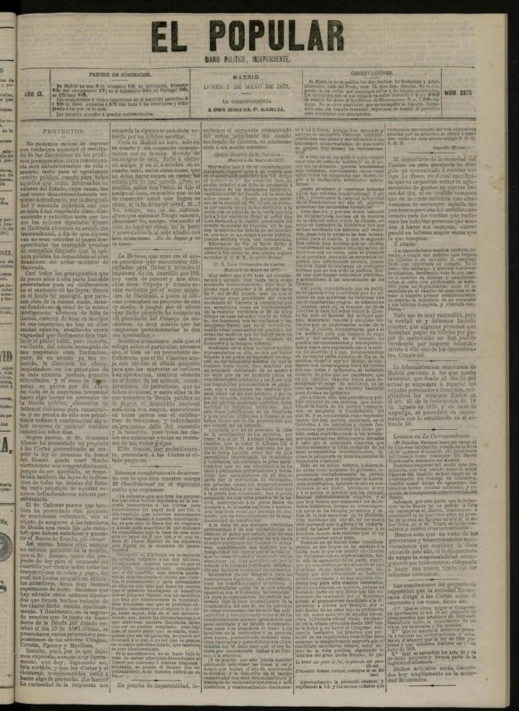 Miniatura de El Popular: diario independiente, político, literario y de noticias de interés general del 7 de mayo de 1877, nº 2378