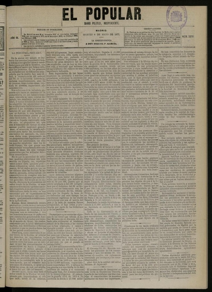 Miniatura de El Popular: diario independiente, político, literario y de noticias de interés general del 8 de mayo de 1877, nº 2379