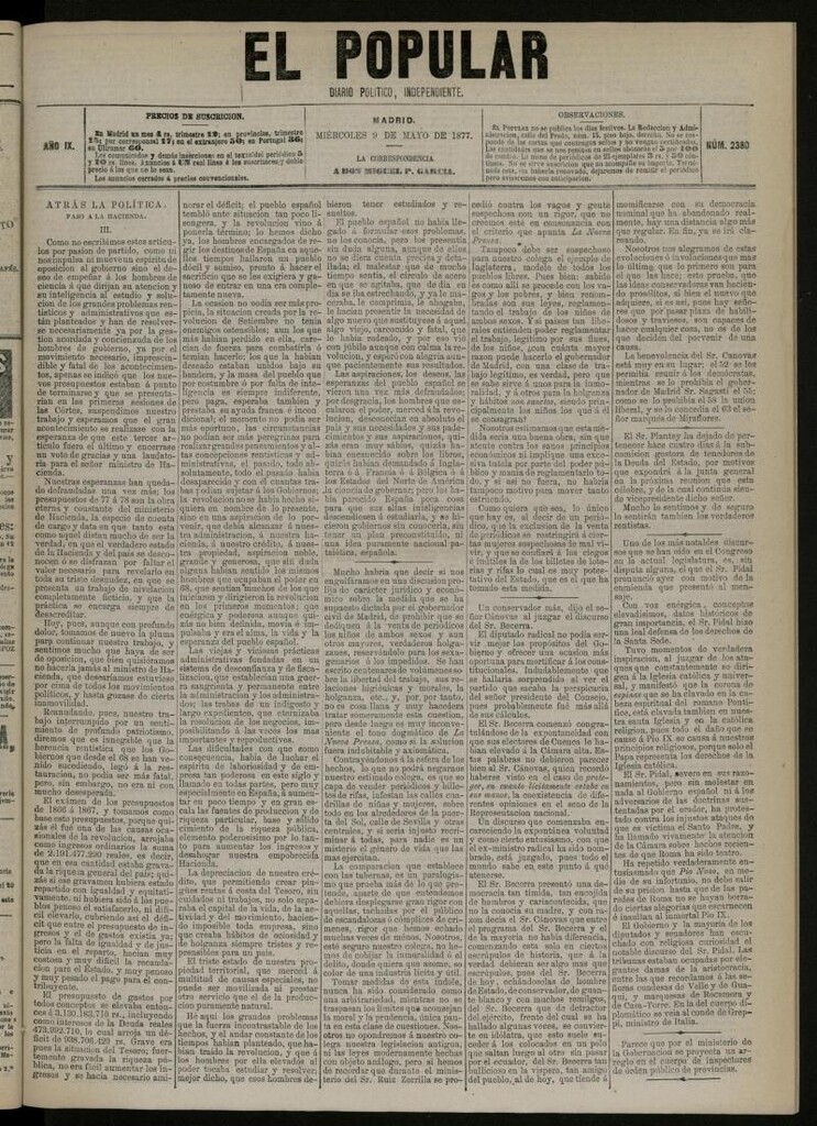 Miniatura de El Popular: diario independiente, político, literario y de noticias de interés general del 9 de mayo de 1877, nº 2380