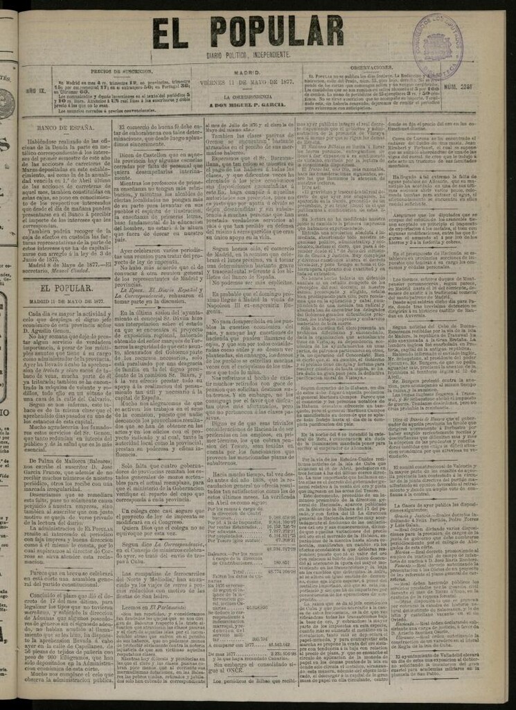 Miniatura de El Popular: diario independiente, político, literario y de noticias de interés general del 11 de mayo de 1877, nº 2381