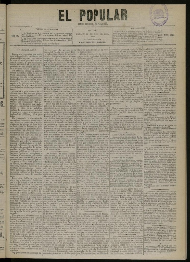 Miniatura de El Popular: diario independiente, político, literario y de noticias de interés general del 12 de mayo de 1877, nº 2382