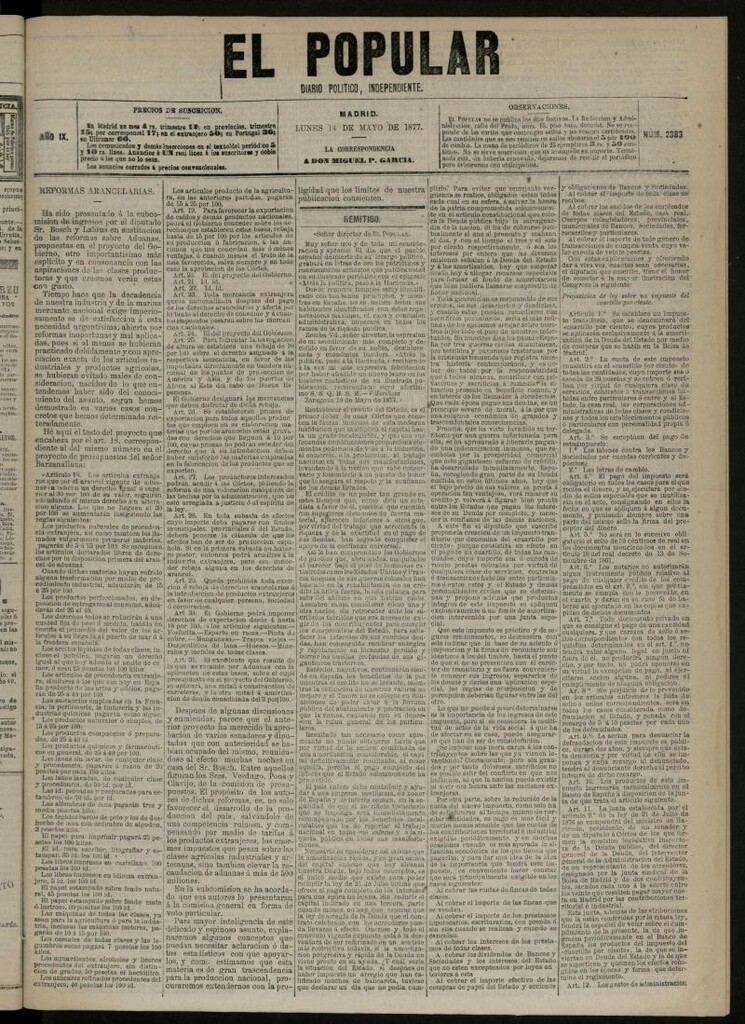 Miniatura de El Popular: diario independiente, político, literario y de noticias de interés general del 14 de mayo de 1877, nº 2383