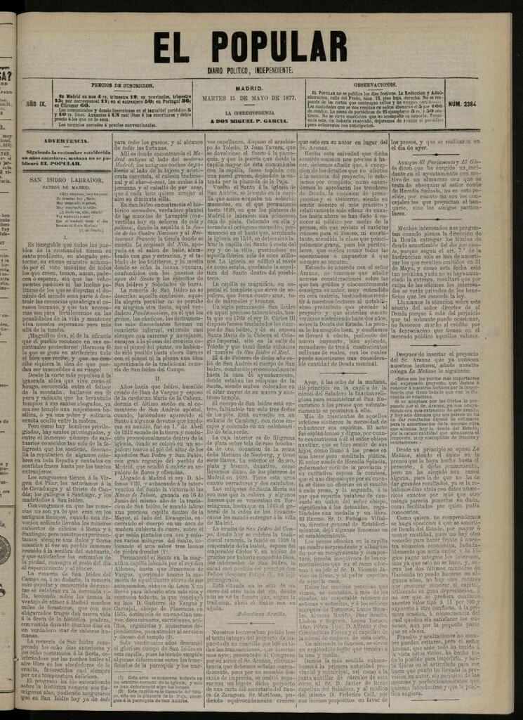 Miniatura de El Popular: diario independiente, político, literario y de noticias de interés general del 15 de mayo de 1877, nº 2384