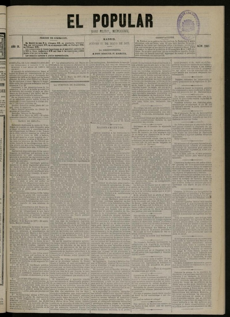 Miniatura de El Popular: diario independiente, político, literario y de noticias de interés general del 17 de mayo de 1877, nº 2385