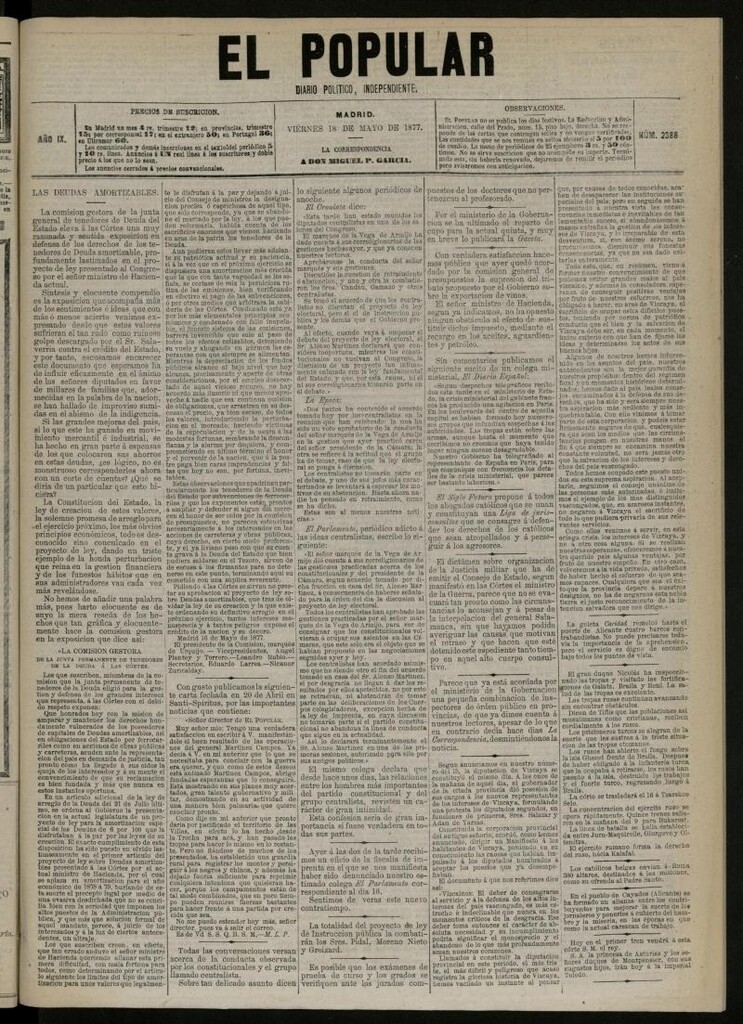 Miniatura de El Popular: diario independiente, político, literario y de noticias de interés general del 18 de mayo de 1877, nº 2386