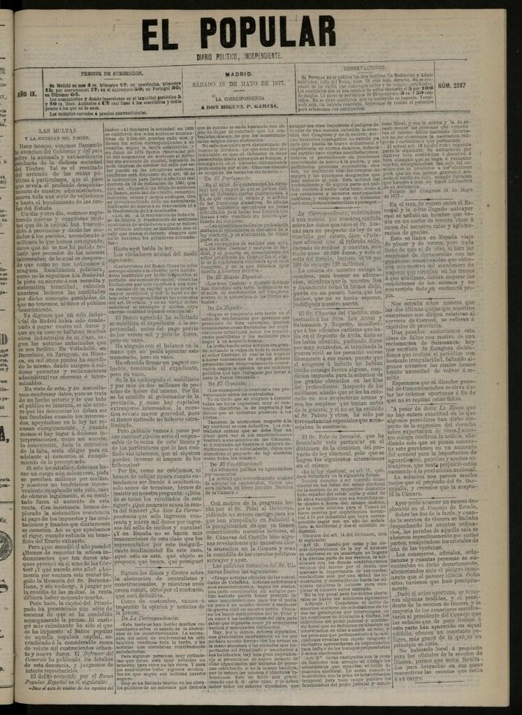 Miniatura de El Popular: diario independiente, político, literario y de noticias de interés general del 19 de mayo de 1877, nº 2387