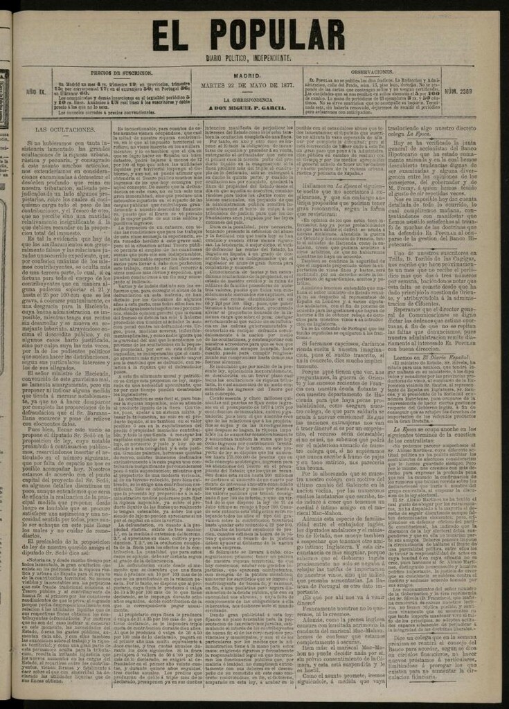 Miniatura de El Popular: diario independiente, político, literario y de noticias de interés general del 22 de mayo de 1877, nº 2389