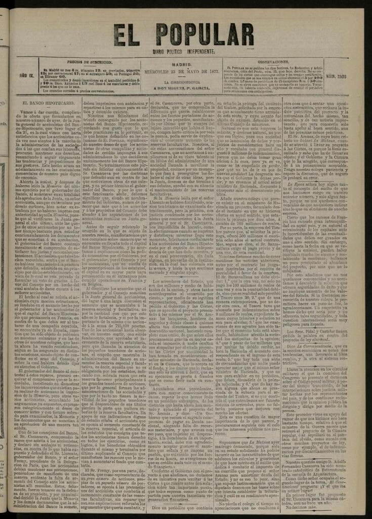 Miniatura de El Popular: diario independiente, político, literario y de noticias de interés general del 23 de mayo de 1877, nº 2390