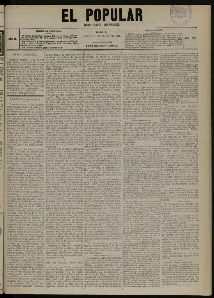 Miniatura de El Popular: diario independiente, político, literario y de noticias de interés general del 24 de mayo de 1877, nº 2391