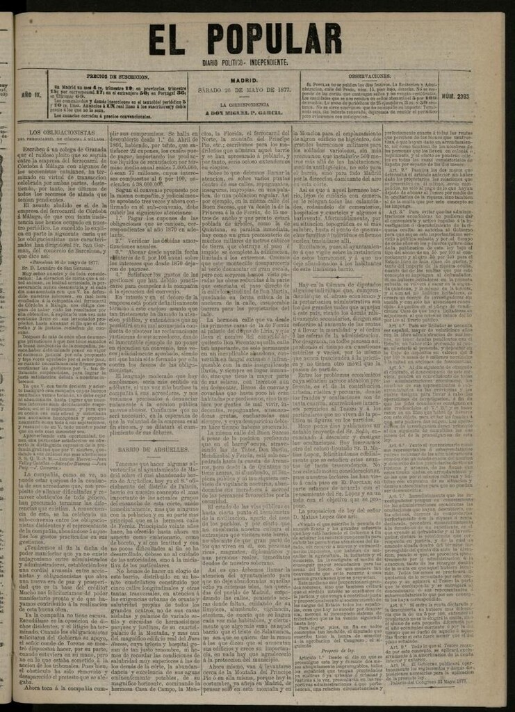 Miniatura de El Popular: diario independiente, político, literario y de noticias de interés general del 26 de mayo de 1877, nº 2393