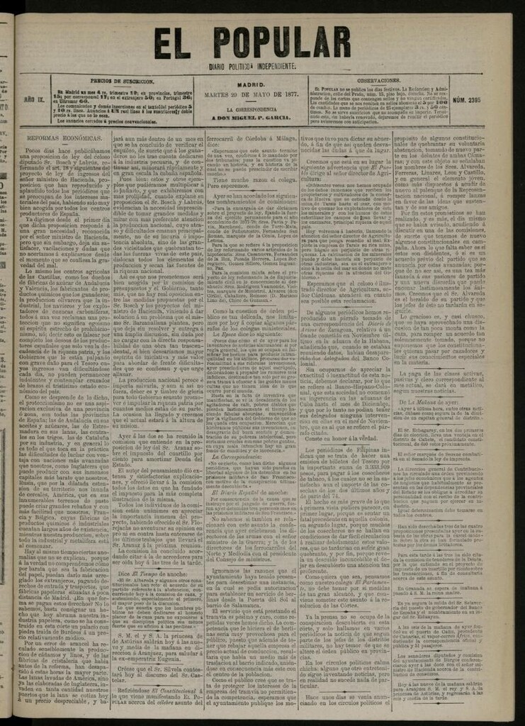 Miniatura de El Popular: diario independiente, político, literario y de noticias de interés general del 29 de mayo de 1877, nº 2395