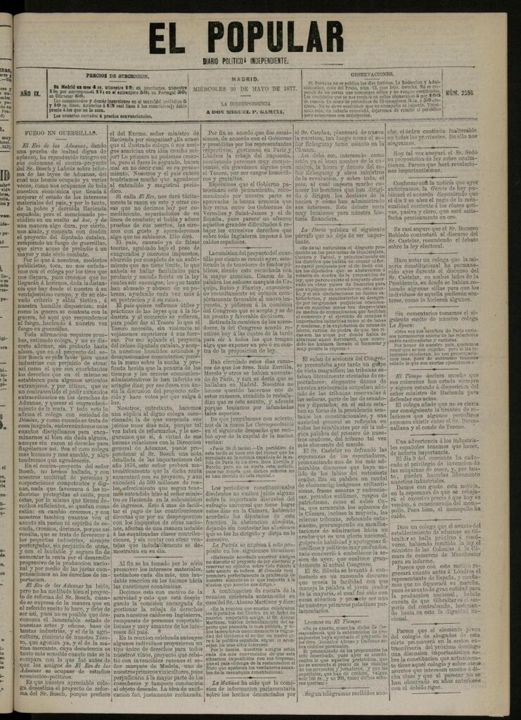 Miniatura de El Popular: diario independiente, político, literario y de noticias de interés general del 30 de mayo de 1877, nº 2396