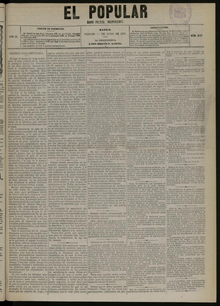 Miniatura de El Popular: diario independiente, político, literario y de noticias de interés general del 1 de junio de 1877, nº 2397
