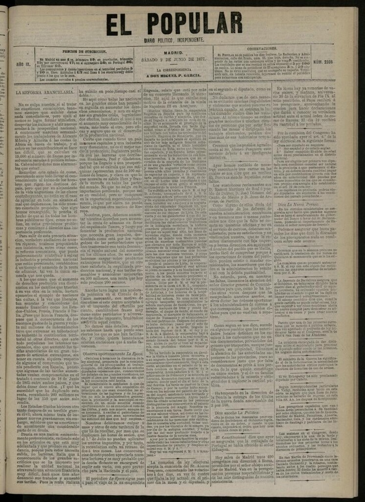 Miniatura de El Popular: diario independiente, político, literario y de noticias de interés general del 2 de junio de 1877, nº 2398