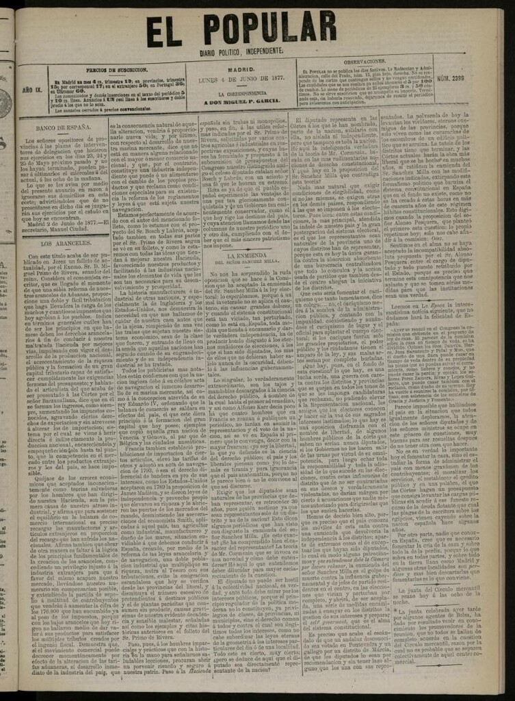 Miniatura de El Popular: diario independiente, político, literario y de noticias de interés general del 4 de junio de 1877, nº 2399