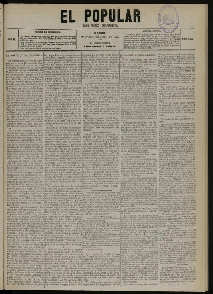 Miniatura de El Popular: diario independiente, político, literario y de noticias de interés general del 5 de junio de 1877, nº 2400
