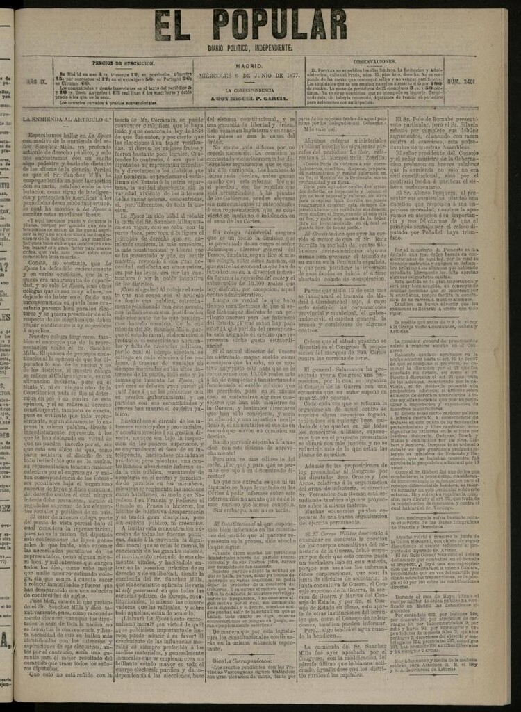 Miniatura de El Popular: diario independiente, político, literario y de noticias de interés general del 6 de junio de 1877, nº 2401