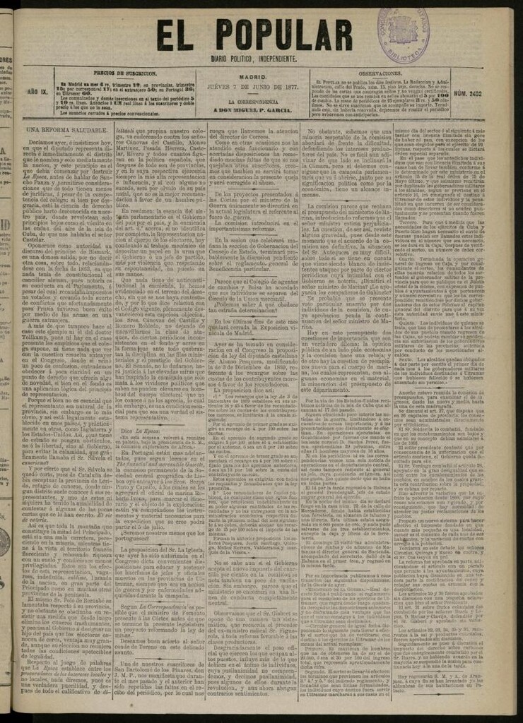 Miniatura de El Popular: diario independiente, político, literario y de noticias de interés general del 7 de junio de 1877, nº 2402