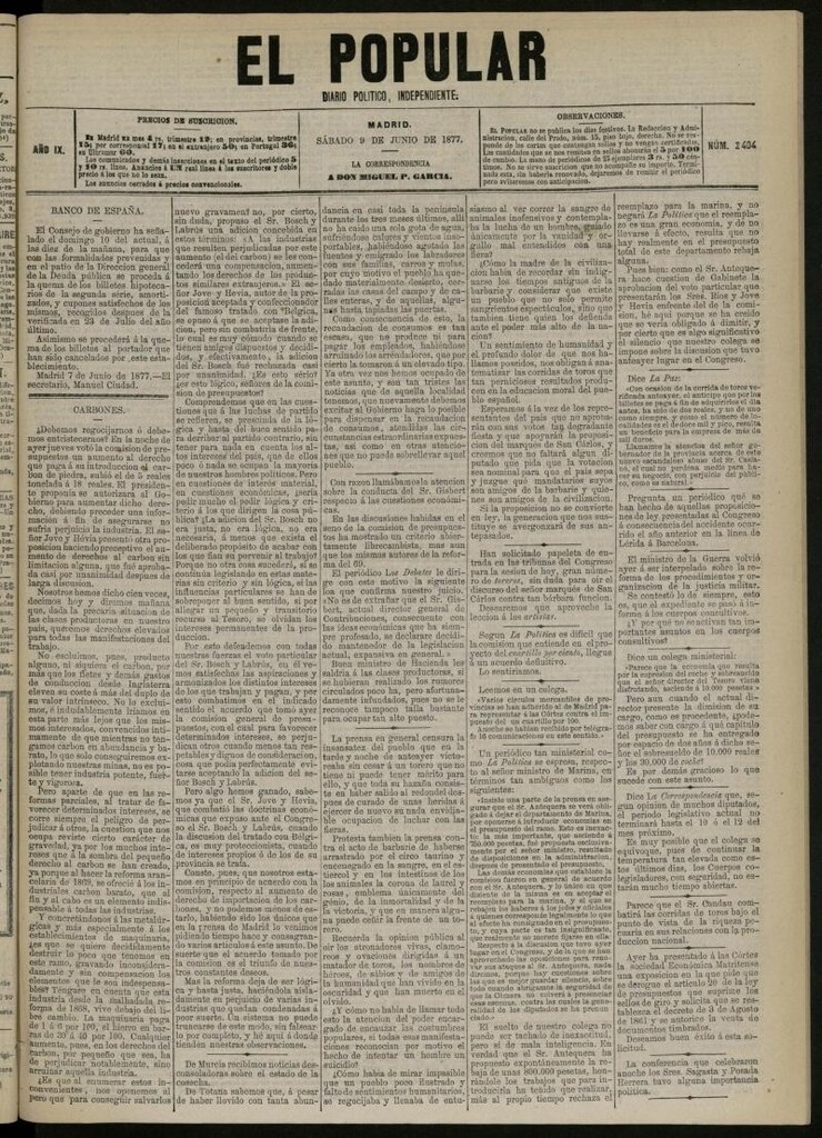 Miniatura de El Popular: diario independiente, político, literario y de noticias de interés general del 9 de junio de 1877, nº 2404