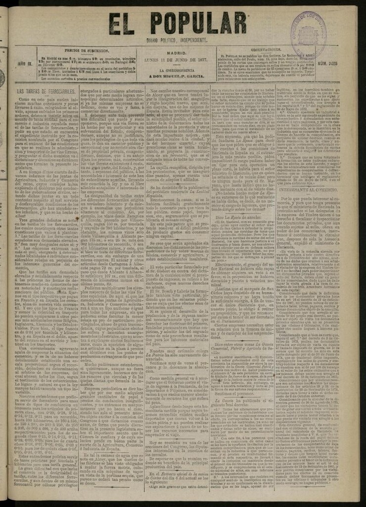Miniatura de El Popular: diario independiente, político, literario y de noticias de interés general del 11 de junio de 1877, nº 2405