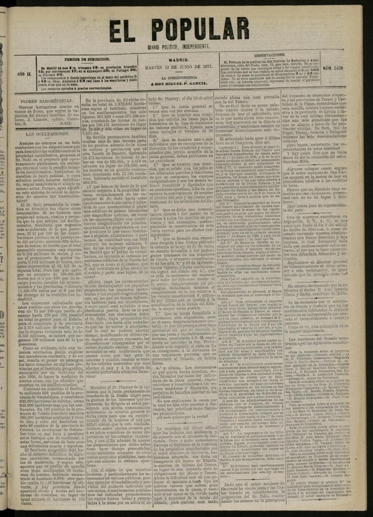 Miniatura de El Popular: diario independiente, político, literario y de noticias de interés general del 12 de junio de 1877, nº 2406