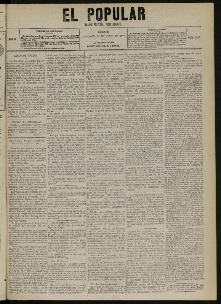 Miniatura de El Popular: diario independiente, político, literario y de noticias de interés general del 13 de junio de 1877, nº 2407