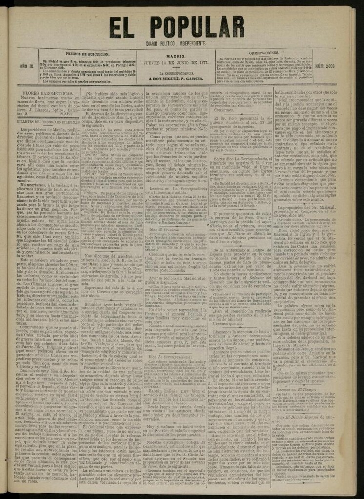 Miniatura de El Popular: diario independiente, político, literario y de noticias de interés general del 14 de junio de 1877, nº 2408