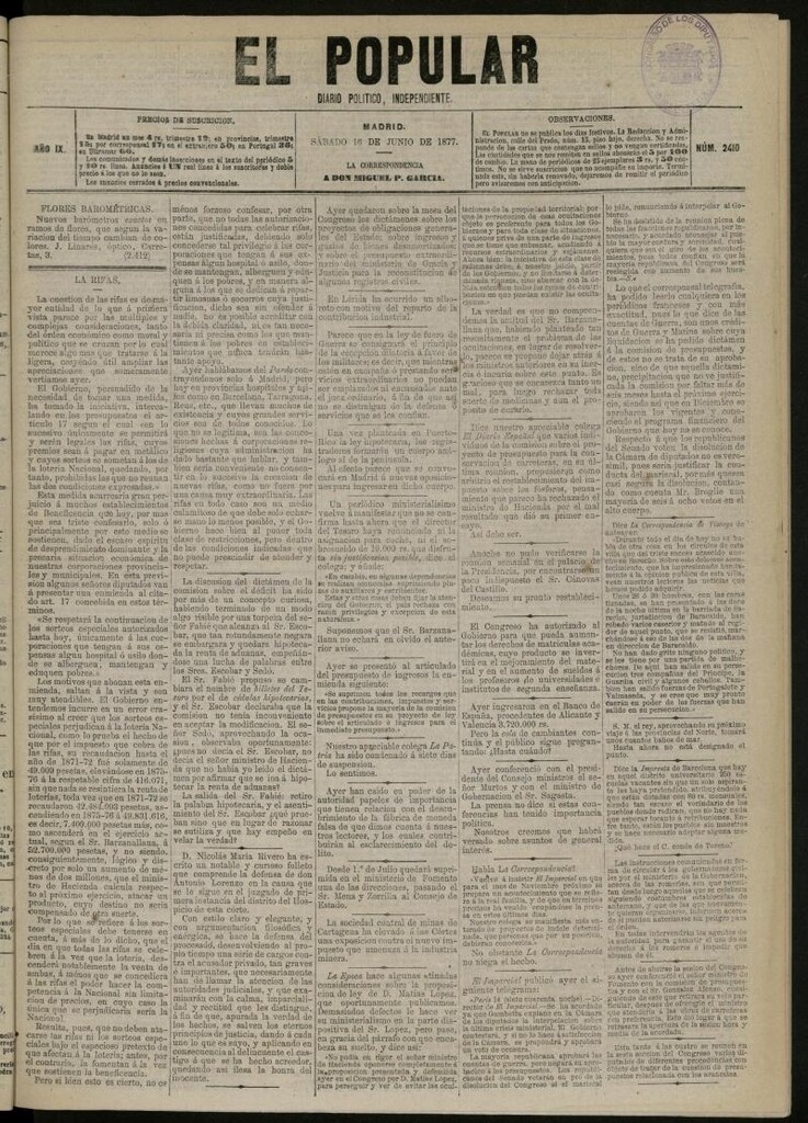 Miniatura de El Popular: diario independiente, político, literario y de noticias de interés general del 16 de junio de 1877, nº 2410